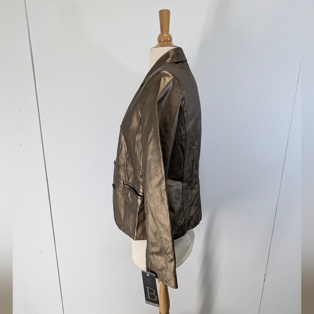 Gold Leather Button-Front Blazer Jacket - Picture 8 of 13